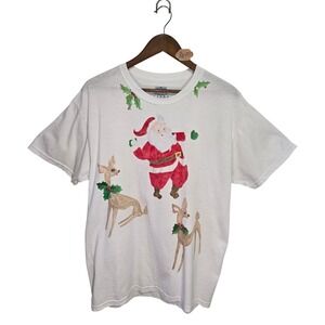 Jerzees Hand Painted Christmas Santa Deer T-Shirt White Large Holiday Tee